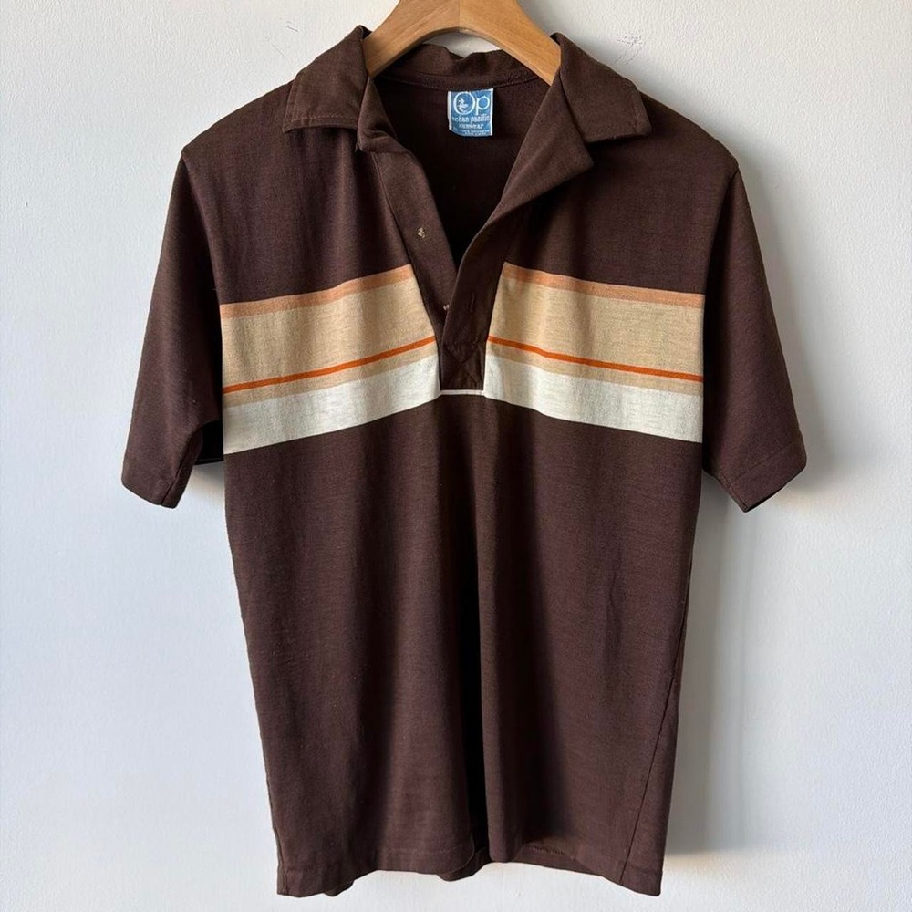 Vintage Ocean Pacific OP Brown Striped Polo Shirt Size S